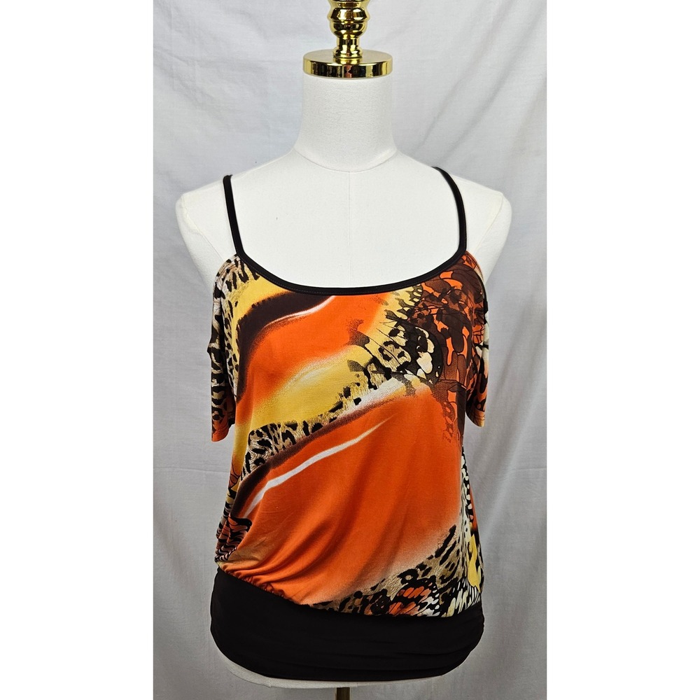 Yoo & Me Orange Butterfly Leopard Print Cold Shoulder Banded Bottom Top L Y2k